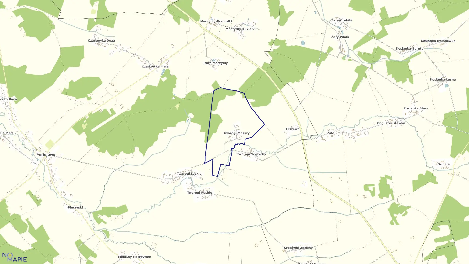 Mapa obrębu TWAROGI MAZURY w gminie Perlejewo